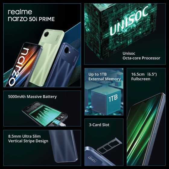 Realme Narzo 50i Prime 3+32GB - Batterie puissante de 5 000 mAh, Écran sans Bordures de 16,5 cm
